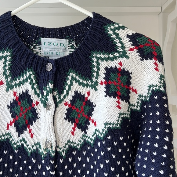Vintage IZOD Hand Knit Fair Isle Silver Button 100% Cotton Cardigan Sweater - Picture 2 of 9
